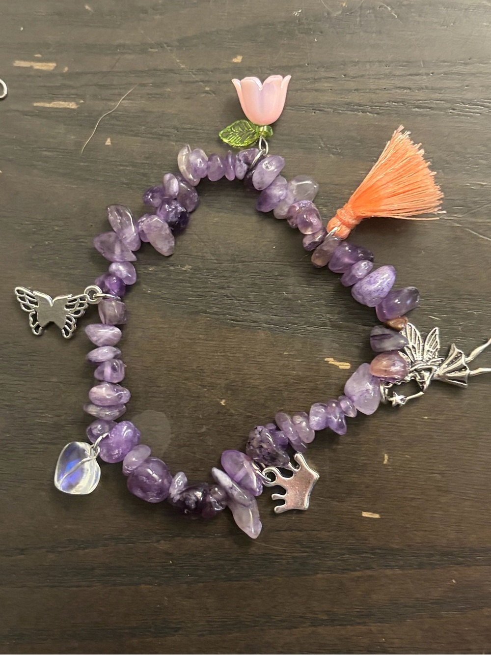 Amethyst Chip Charm Bracelet with Pink Flower and Orange Tassel